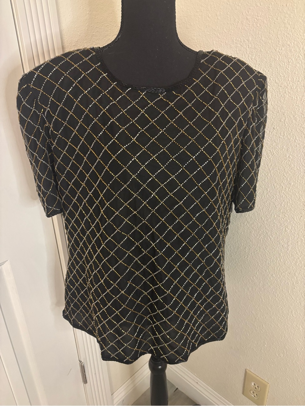 Beaded Laurence Kazar Black Short-Sleeve Top with Gold Grid